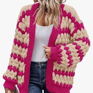 Chunky Knit Pink and Tan Cardigan